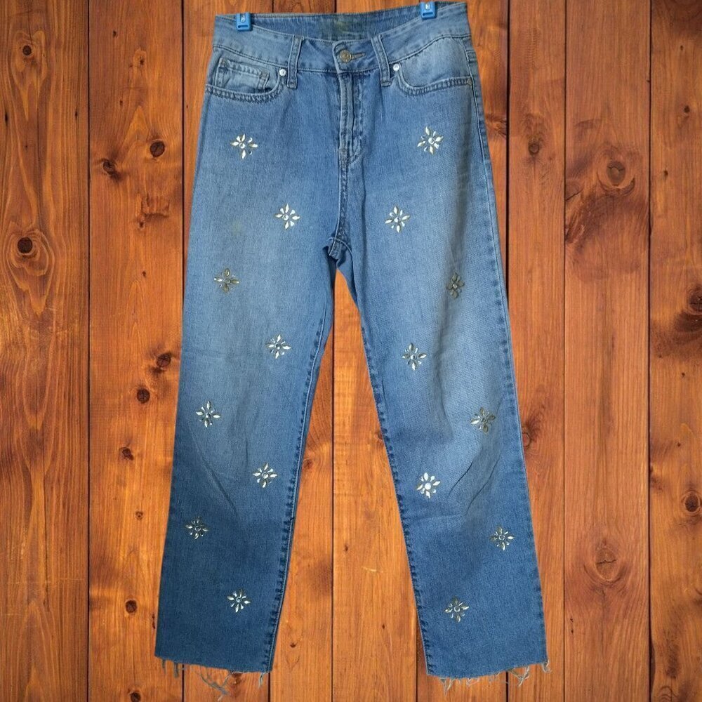 Rewash Juniors Size 1R/25 Blue Beaded Frayed Hem Denim Jeans Boho Hippie
